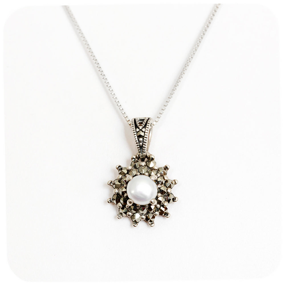 Fresh Water Pearl and Marcasite Starburst Pendant and Chain in Sterling Silver - Victoria's Jewellery