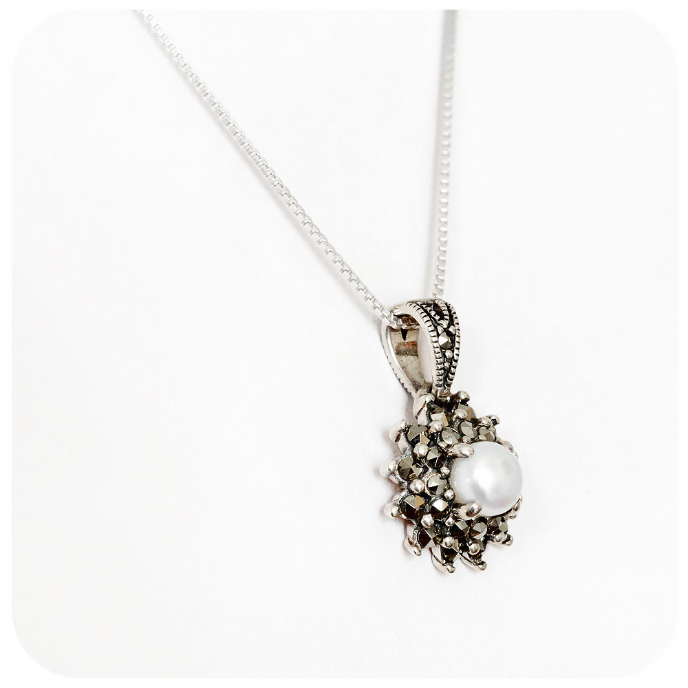 Fresh Water Pearl and Marcasite Starburst Pendant and Chain in Sterling Silver - Victoria's Jewellery