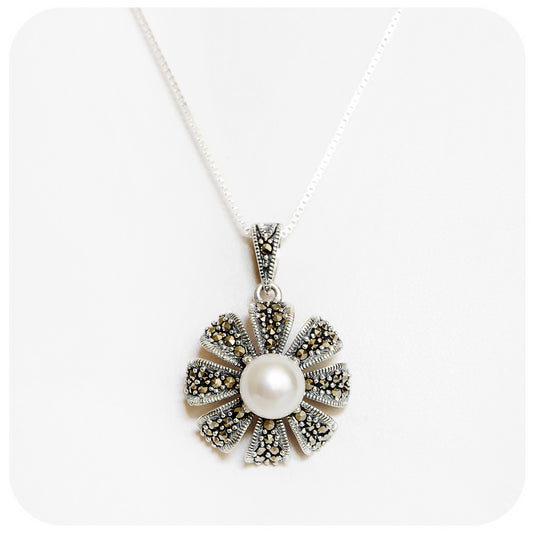 Pearl and Marcasite Flower Pendant and Chain - Victoria's Jewellery