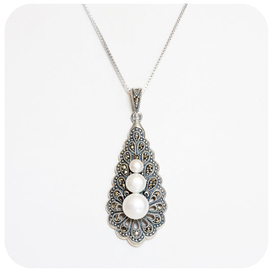 White Fresh Water Pearl and Marcasite Pendant - Victoria's Jewellery