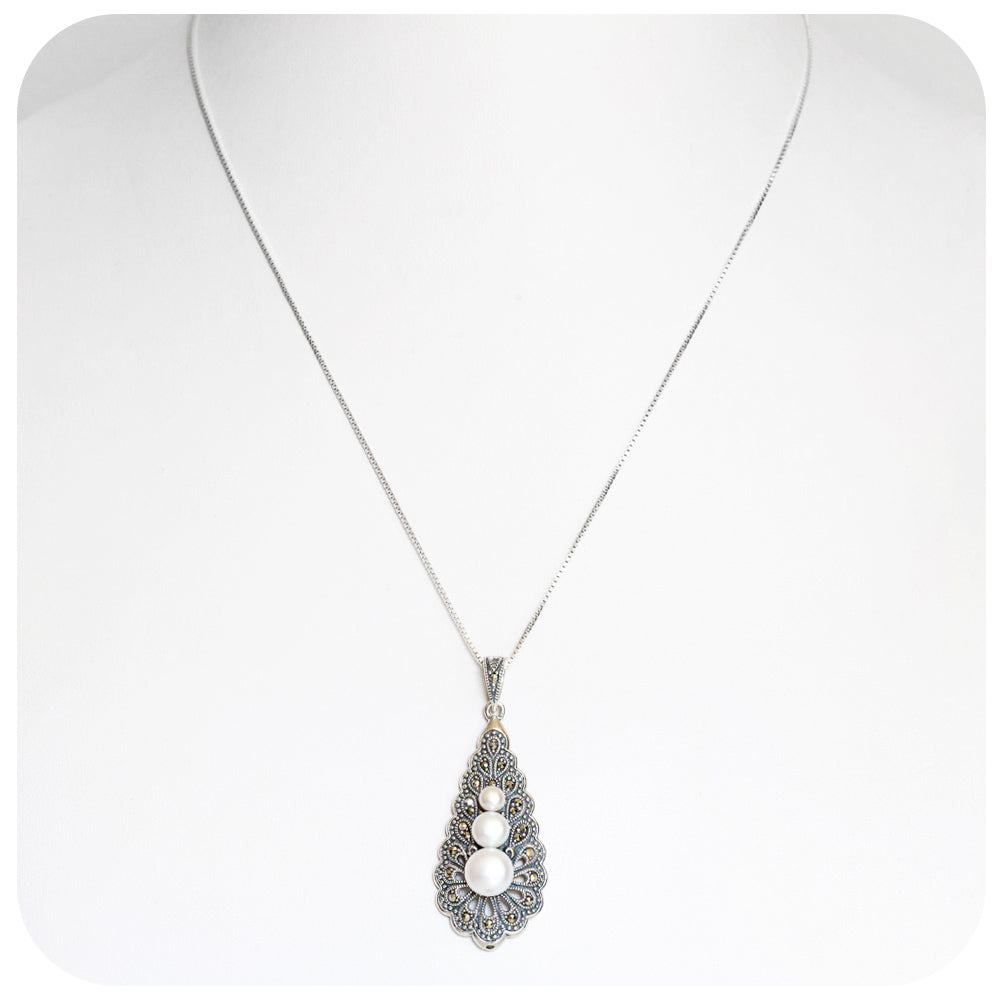 White Fresh Water Pearl and Marcasite Pendant - Victoria's Jewellery