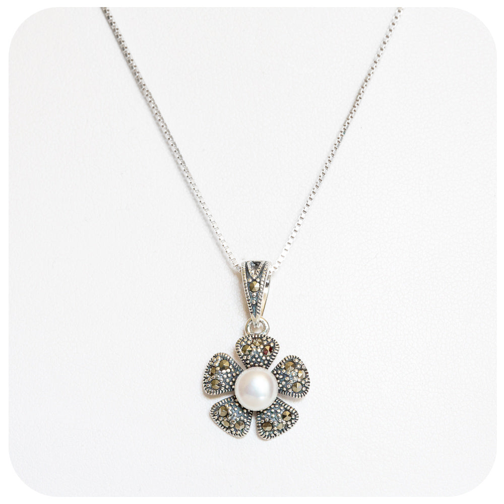 Fresh Water Pearl and Marcasite Flower Pendant - Victoria's Jewellery