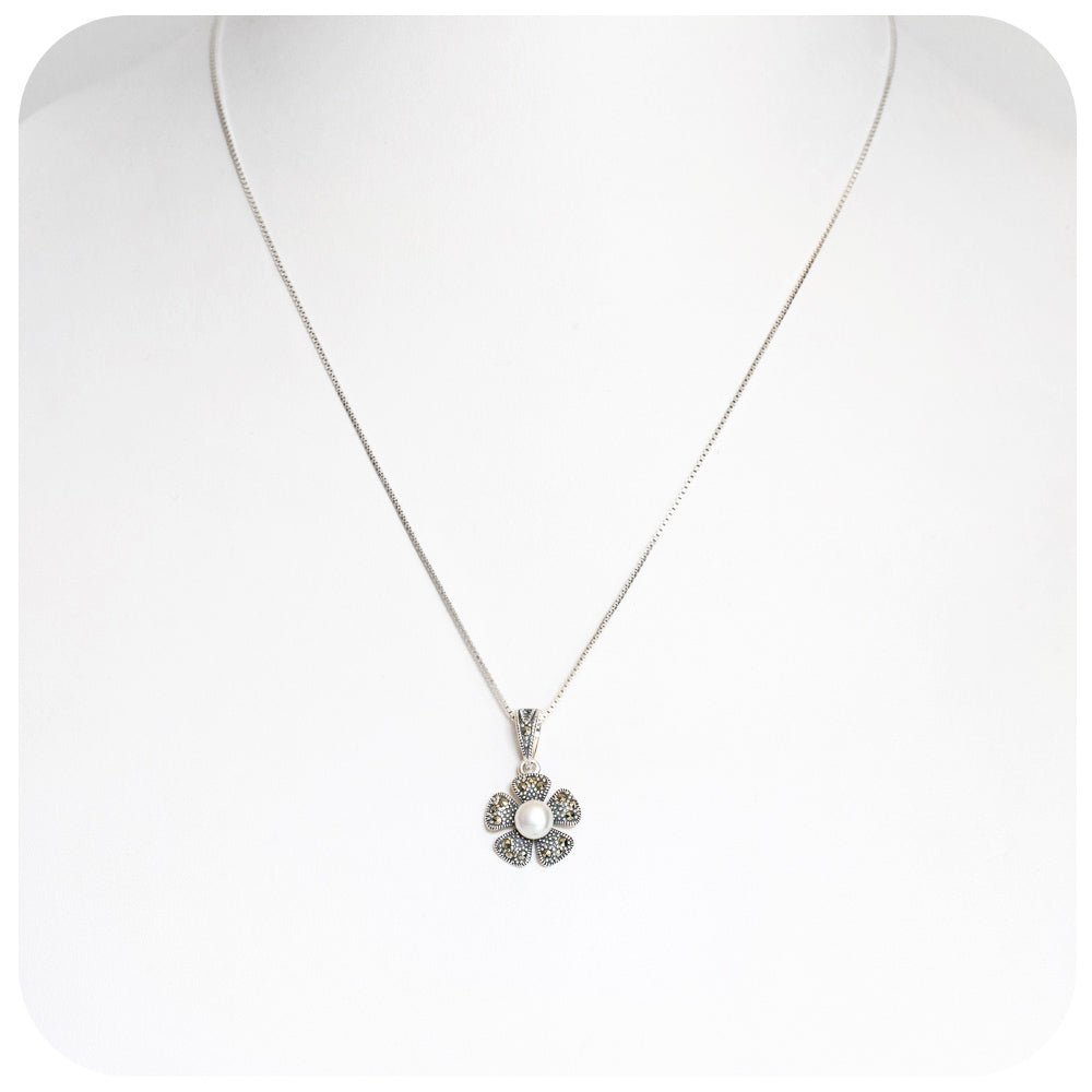 Fresh Water Pearl and Marcasite Flower Pendant - Victoria's Jewellery
