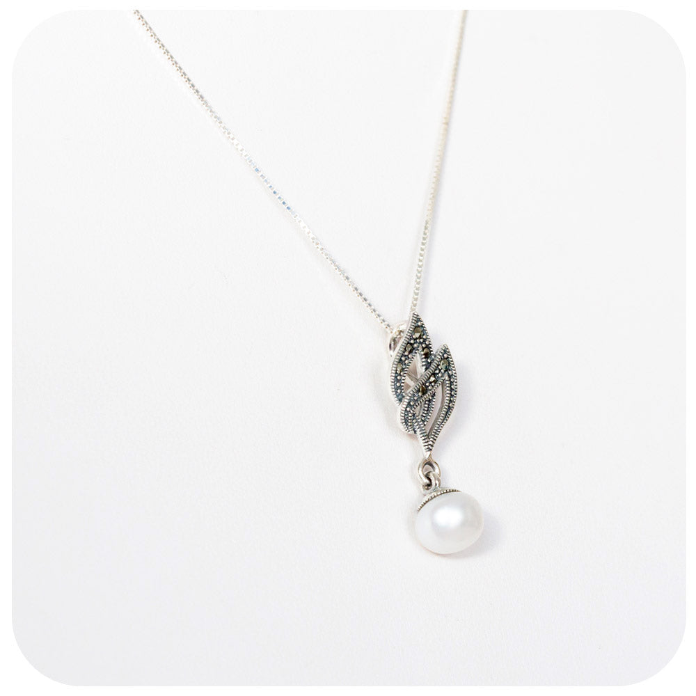 White Fresh Water Pearl and Marcasite Pendant and Chain in Sterling Silver