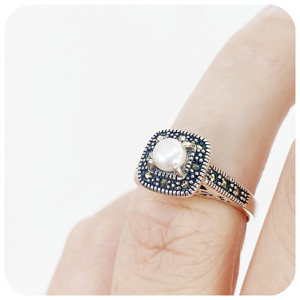 White Fresh Water Pearl and Marcasite Filigree Ring in Sterling Silver