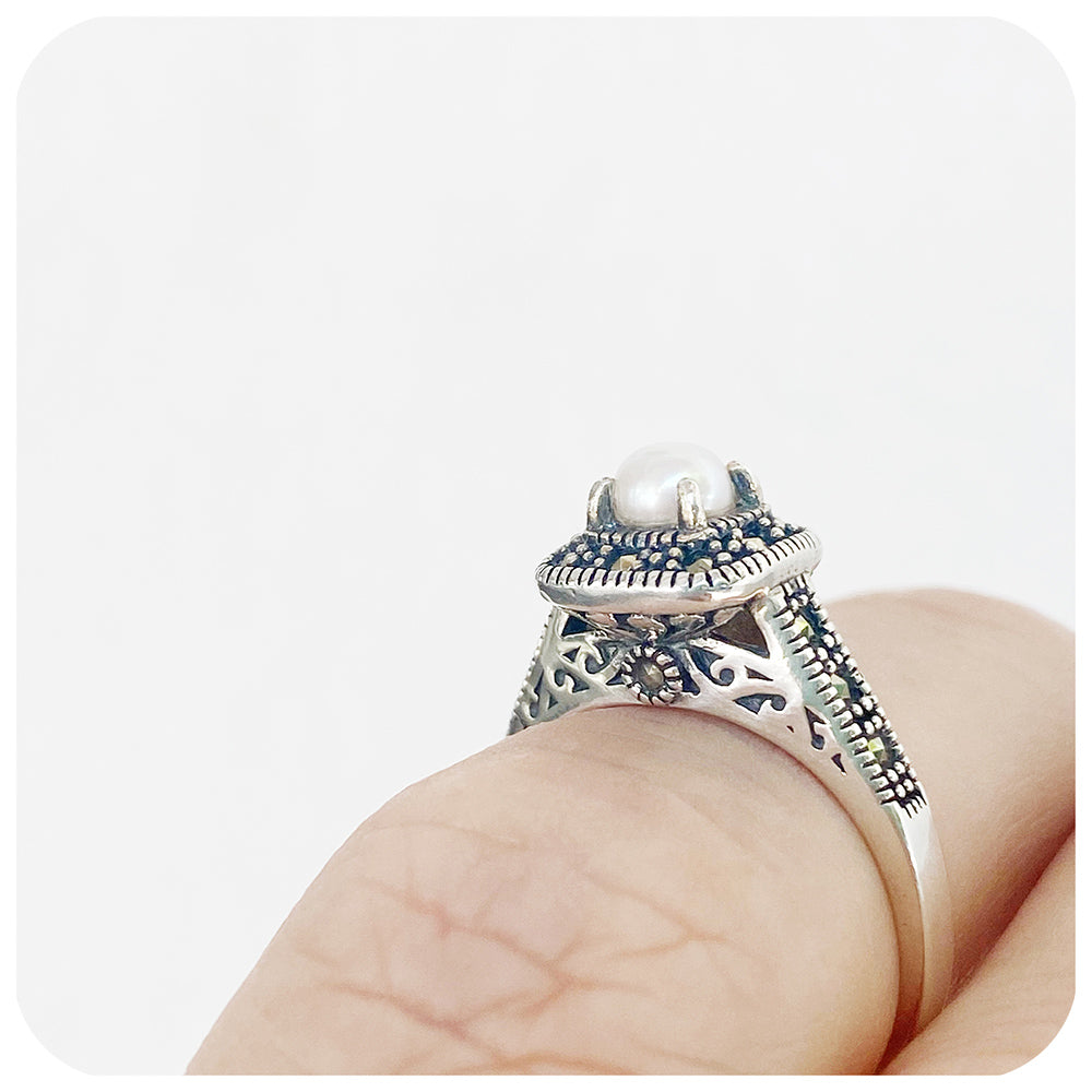 White Fresh Water Pearl and Marcasite Filigree Ring in Sterling Silver