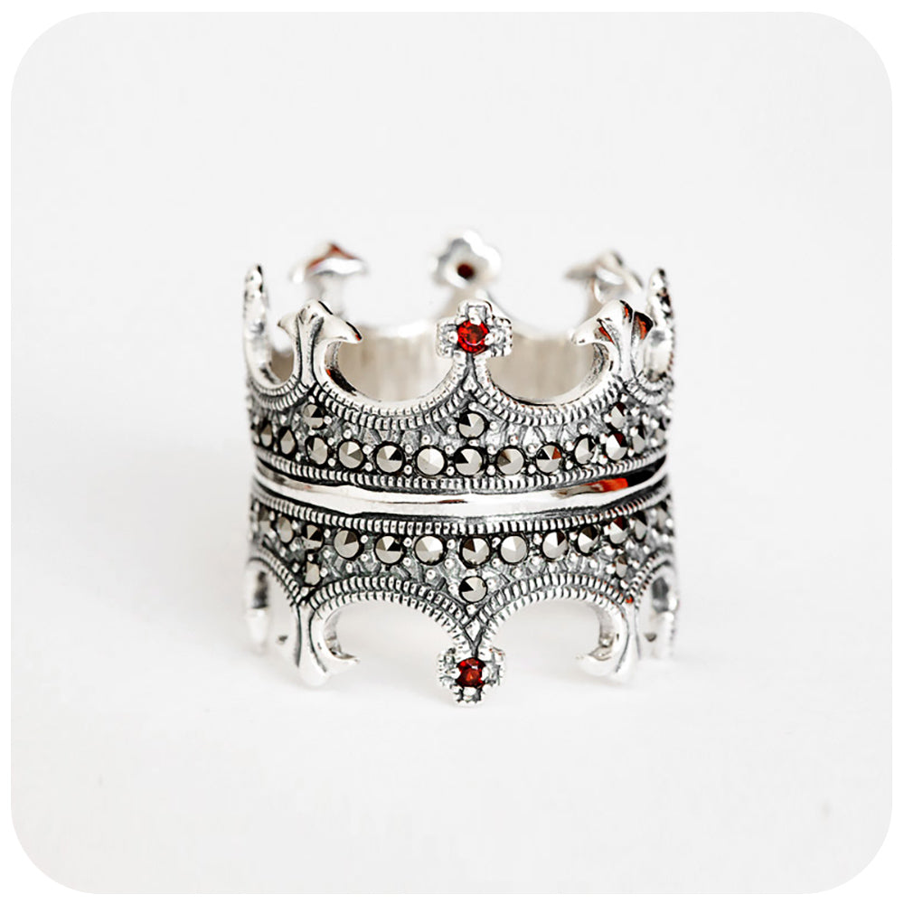 The Double Crown, Garnet and Marcasite Ring