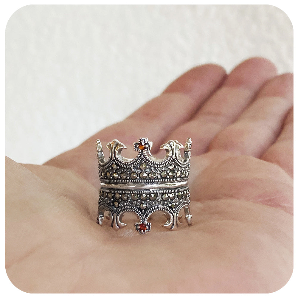 The Double Crown, Garnet and Marcasite Ring