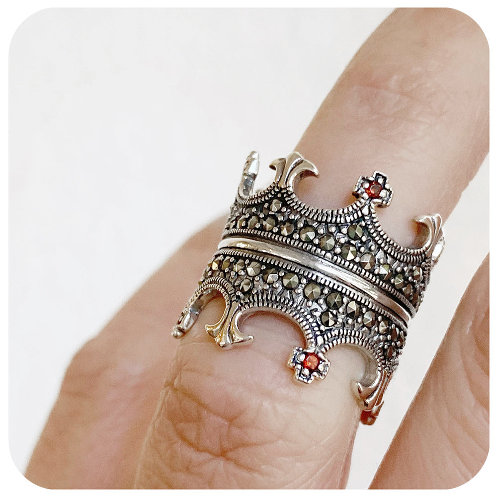 The Double Crown, Garnet and Marcasite Ring