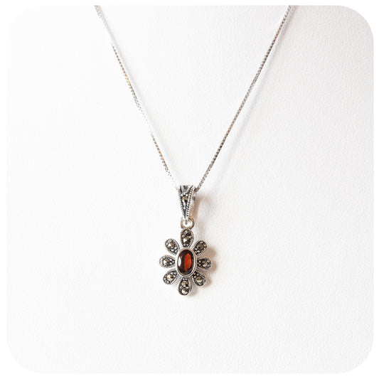 Garnet and Marcasite Flower Pendant and Chain in Sterling Silver