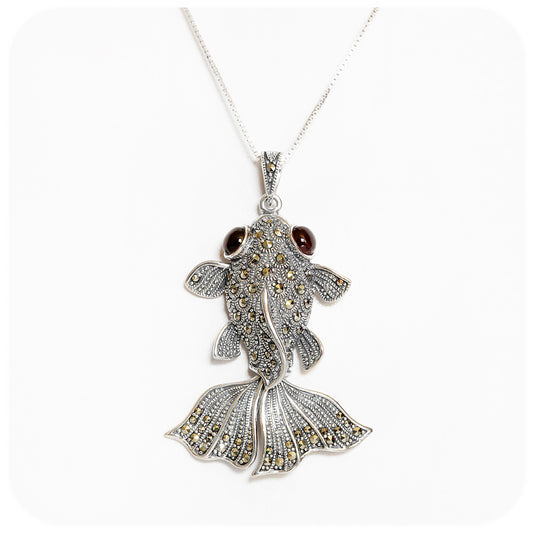 Exquisite Goldfish Pendant with Marcasite and Garnet in Sterling Silver