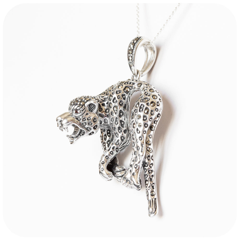 Marcasite and Garnet Hanging Leopard Pendant in Sterling Silver