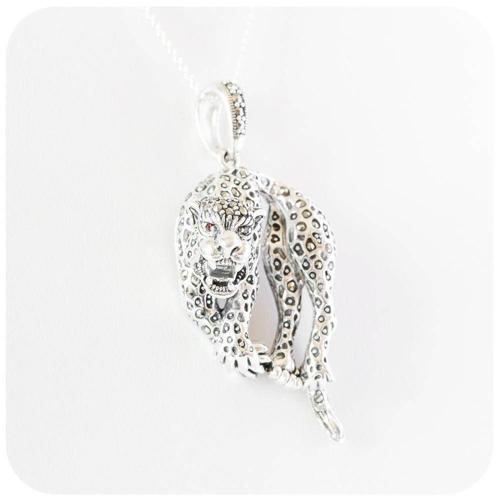 Marcasite and Garnet Hanging Leopard Pendant in Sterling Silver