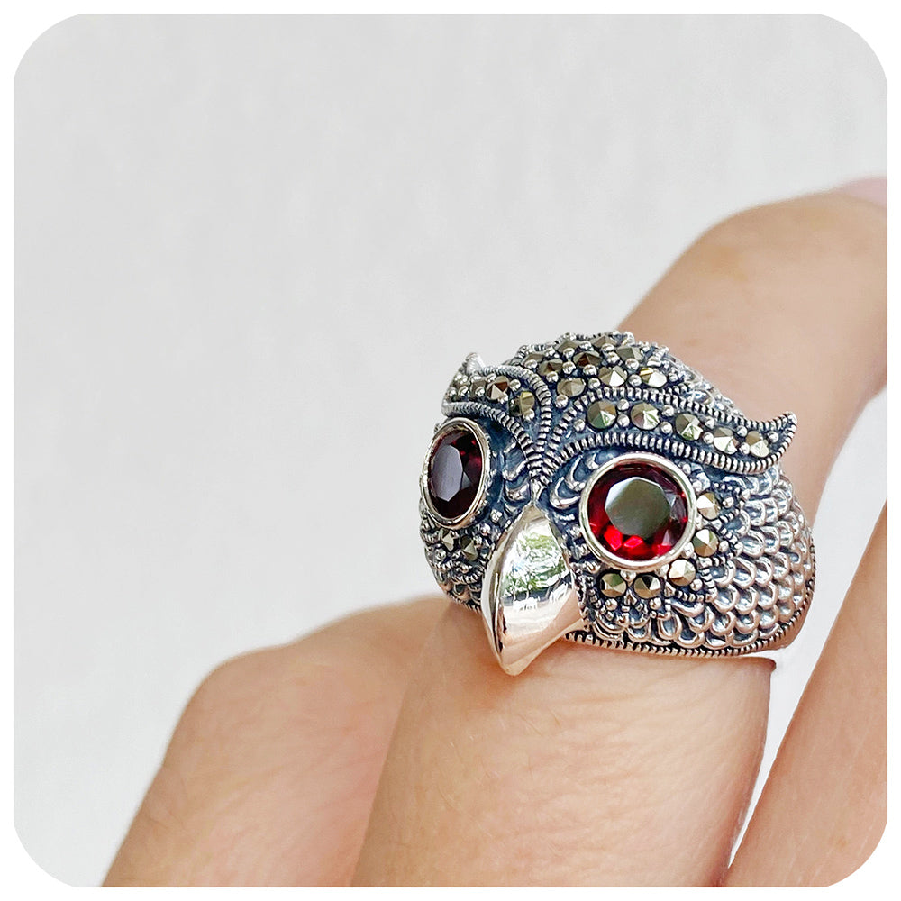 The Owl, Marcasite and Garnet Ring in Sterling Silver