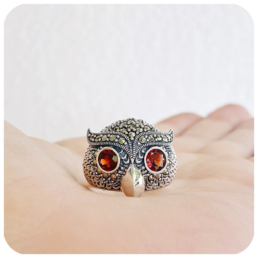 The Owl, Marcasite and Garnet Ring in Sterling Silver
