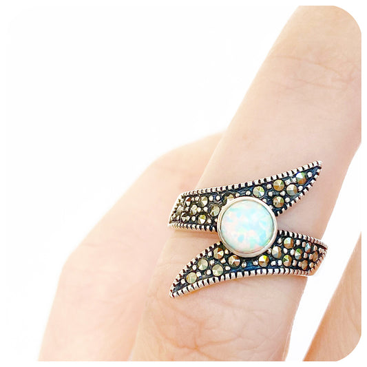 White Gilson Opal and Marcasite ring - Victoria's Jewellery