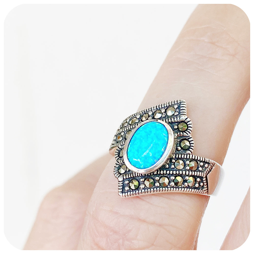 Victoria’s Victorian Oval cut Gilson Opal and Marcasite Ring in Sterling Silver