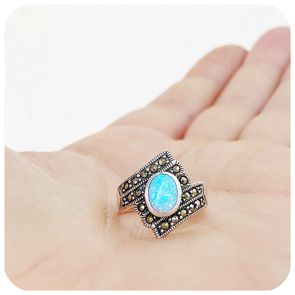 Victoria’s Victorian Oval cut Gilson Opal and Marcasite Ring in Sterling Silver