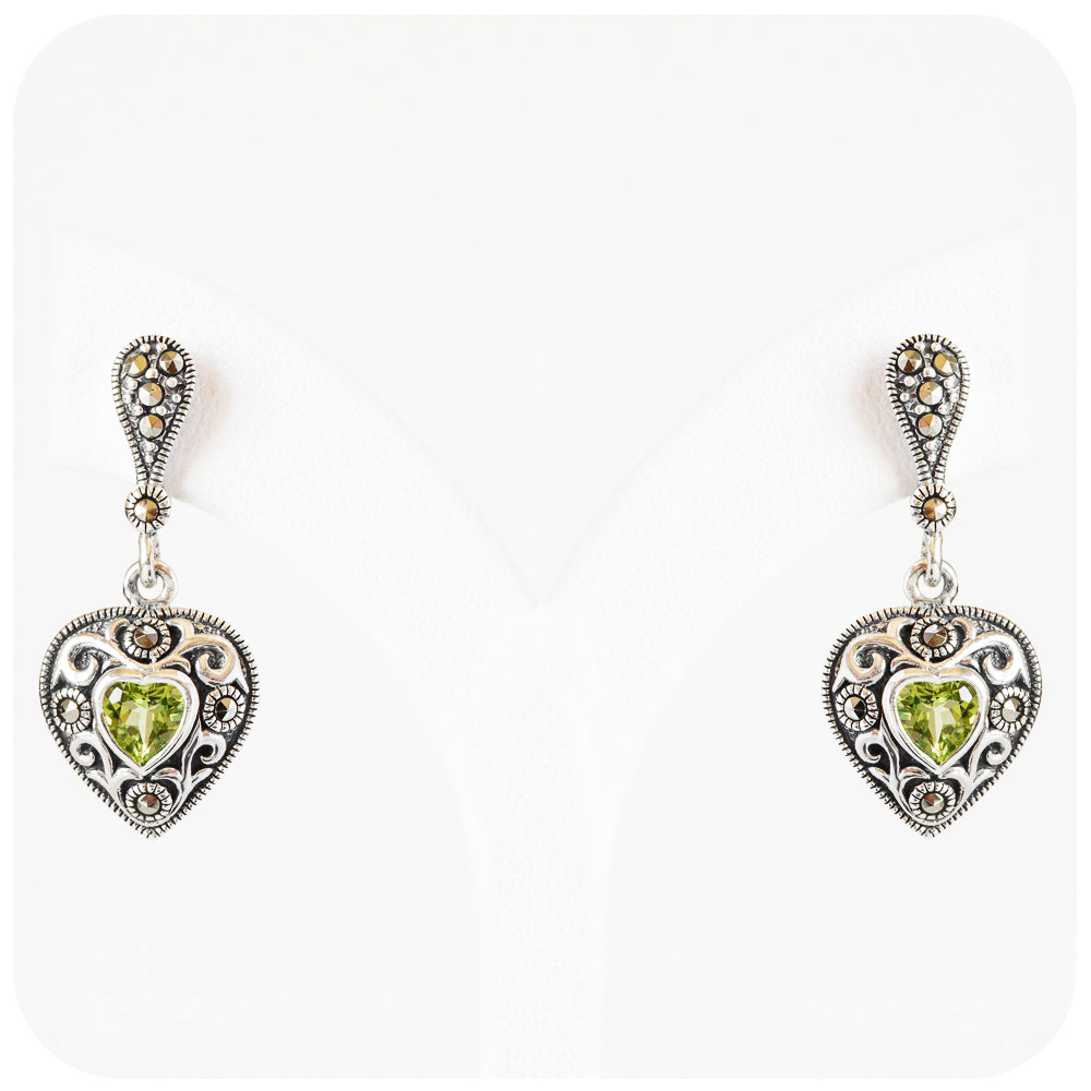 The Filigree Heart, Peridot and Marcasite Drop Earrings