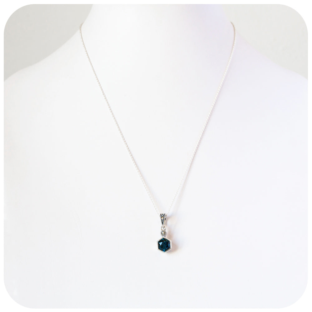 The Hexagon Pendant, London Blue Topaz and Marcasite in Sterling Silver