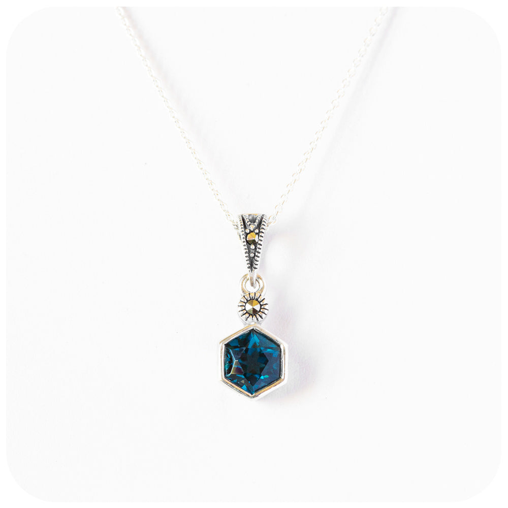The Hexagon Pendant, London Blue Topaz and Marcasite in Sterling Silver