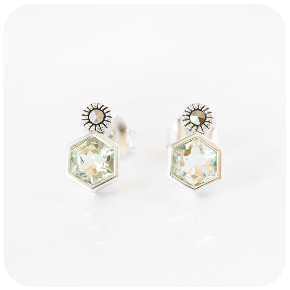 The Hexagons, Prasiolite and Marcasite Stud Earrings
