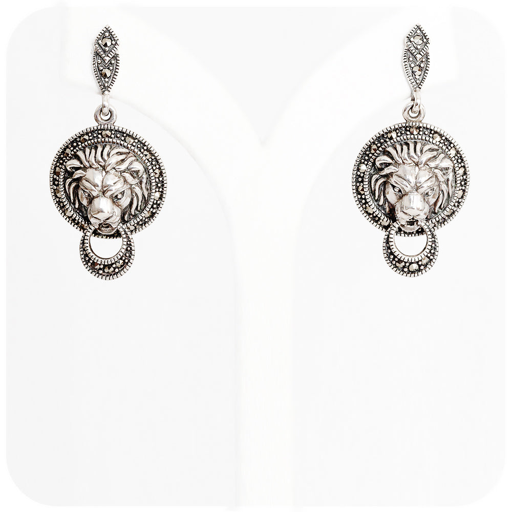 Dangling Marcasite Lion Head Earrings in Sterling Silver - Victoria's Jewellery
