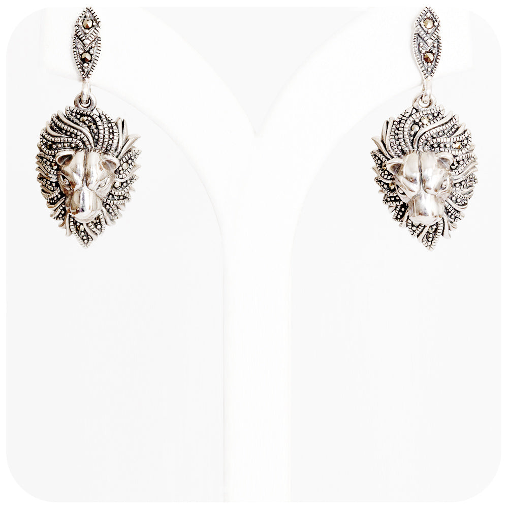 Sterling Silver Dangling Lion Head Earrings with Marcasite Stones