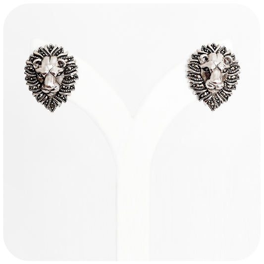 Gorgeously Detailed Lion Head Stud Earrings in Sterling Silver with Marcasite Stones - Victoria's Jewellery