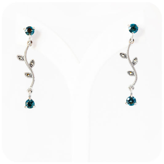 London Blue Topaz and Marcasite Leaf Earrings in Sterling Silver