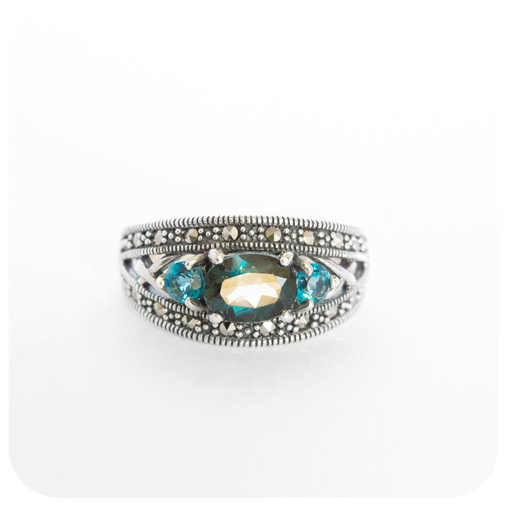 The Vintage London Blue Topaz and Marcasite Trilogy Ring in Sterling Silver