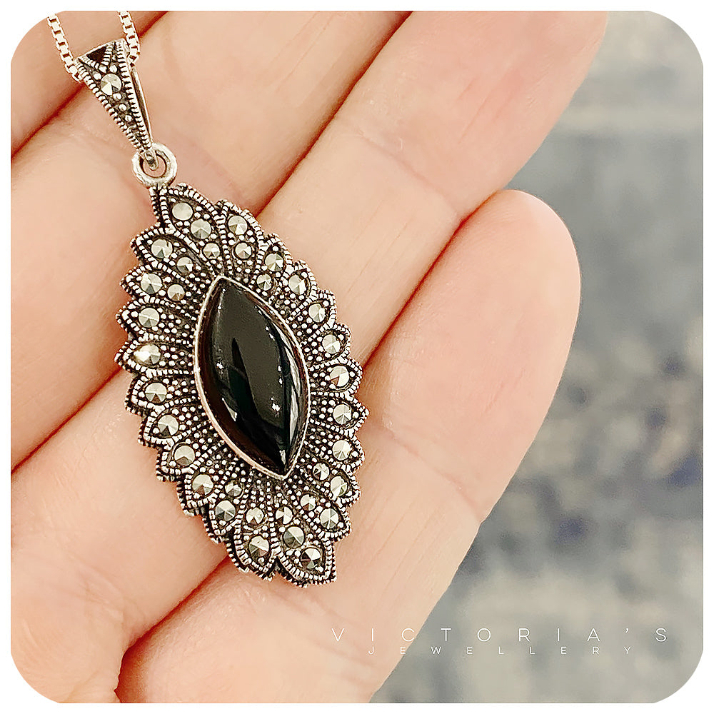 Cabochon Marquise cut Onyx and Marcasite Pendant and Chain in Sterling Silver - Victoria's Jewellery