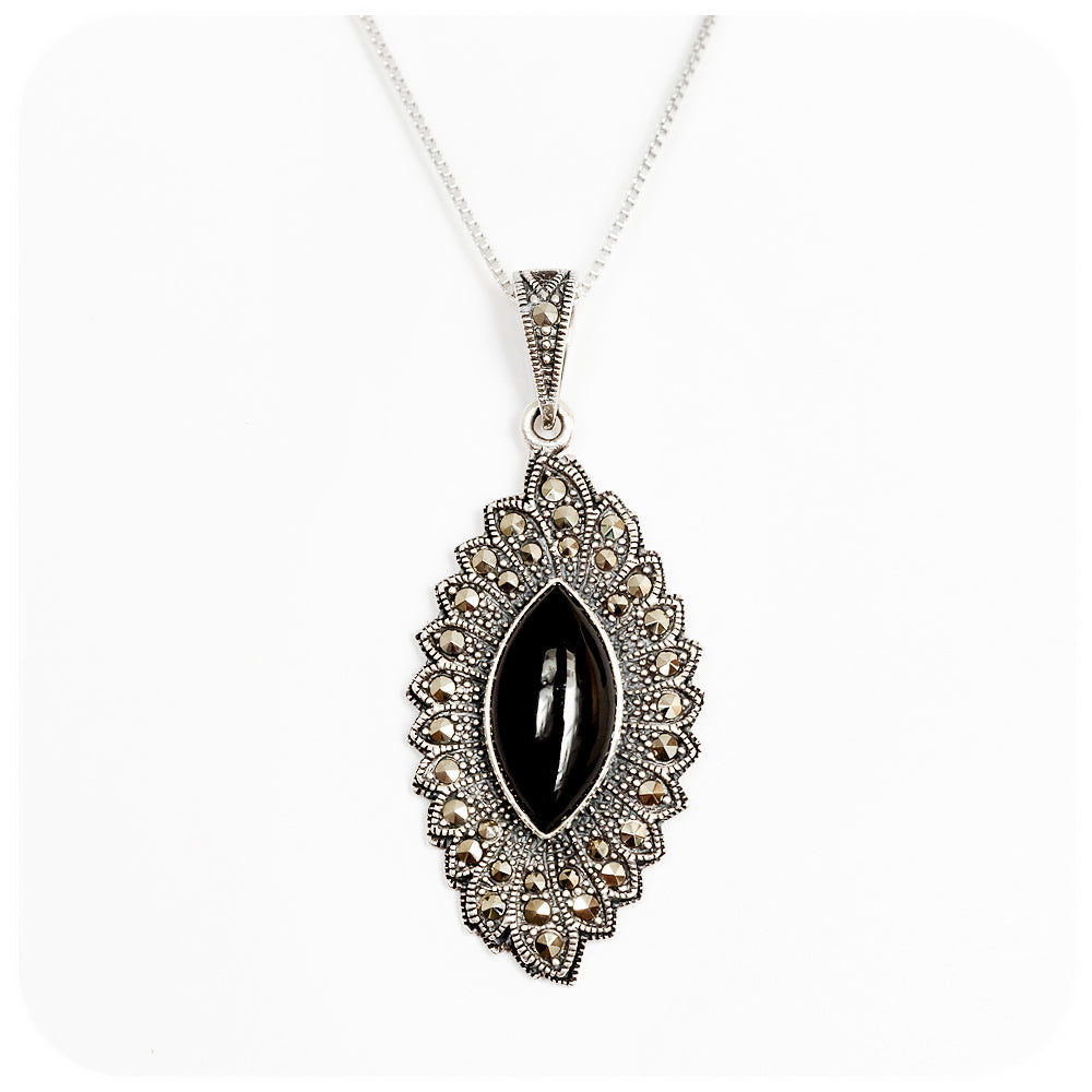 Cabochon Marquise cut Onyx and Marcasite Pendant and Chain in Sterling Silver - Victoria's Jewellery