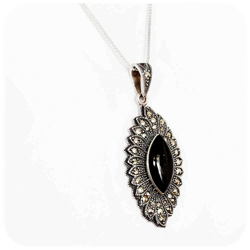 Cabochon Marquise cut Onyx and Marcasite Pendant and Chain in Sterling Silver - Victoria's Jewellery