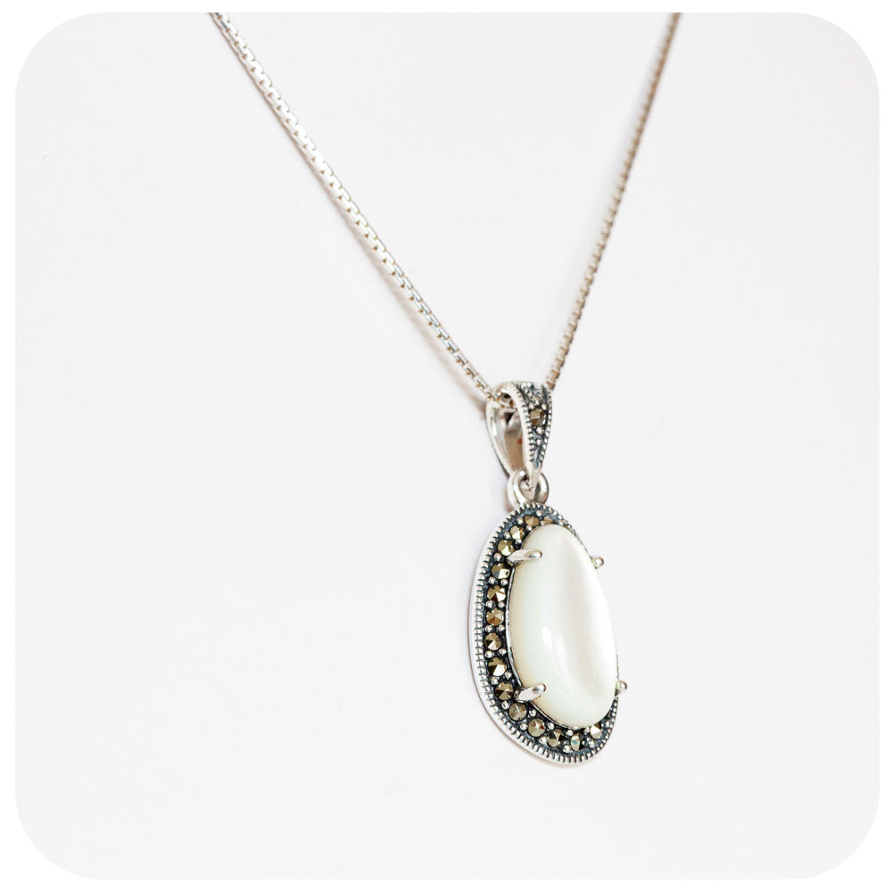White Mother of Pearl and marcasite halo vintage Pendant - Victoria's Jewellery