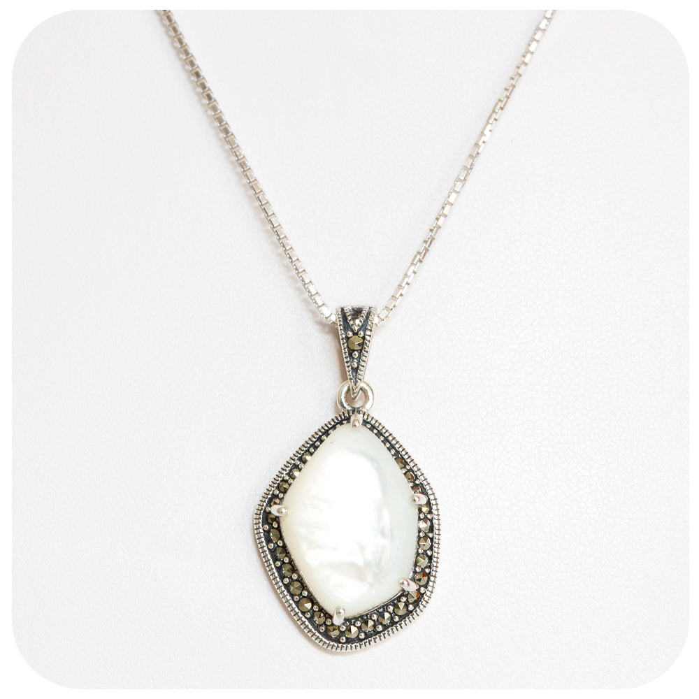 White Mother of Pearl and Marcasite Necklace in Sterling Silver