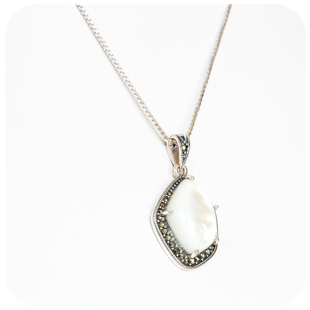 White Mother of Pearl and Marcasite Necklace in Sterling Silver