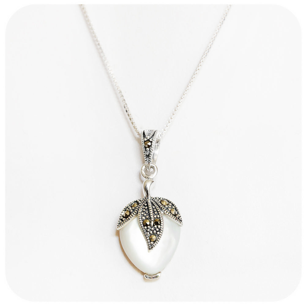 White Mother of Pearl and Marcasite Berry Necklace in Sterling Silver