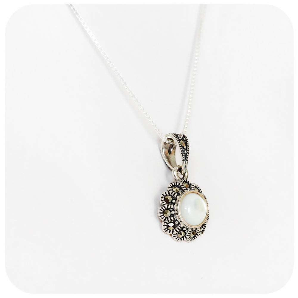 White Mother of Pearl and Marcasite Pendant in Sterling Silver