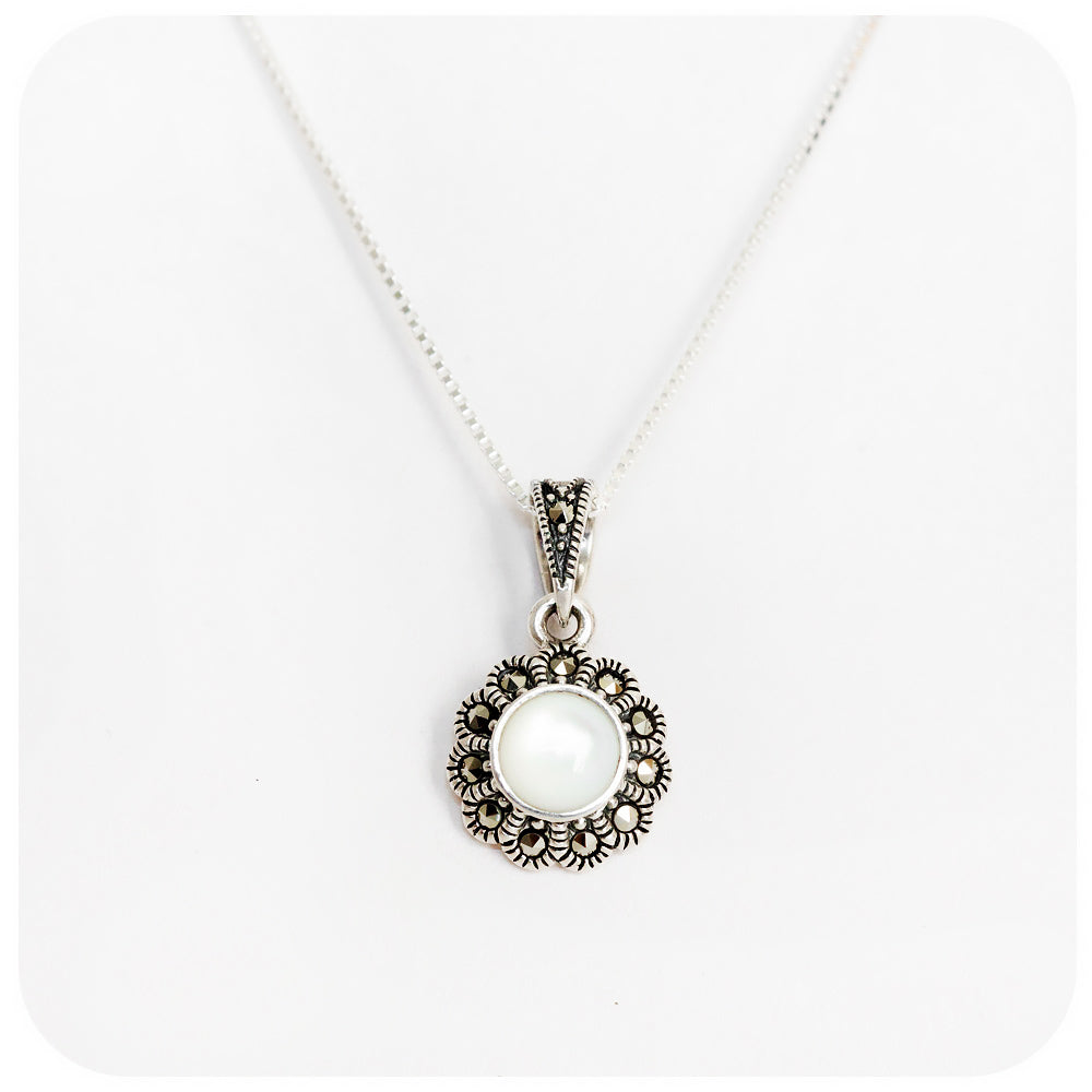 White Mother of Pearl and Marcasite halo Flower Pendant - Victoria's Jewellery