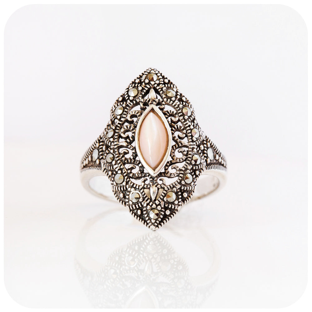 Mother of Pearl and Marcasite Filigree Ring in Sterling Silver