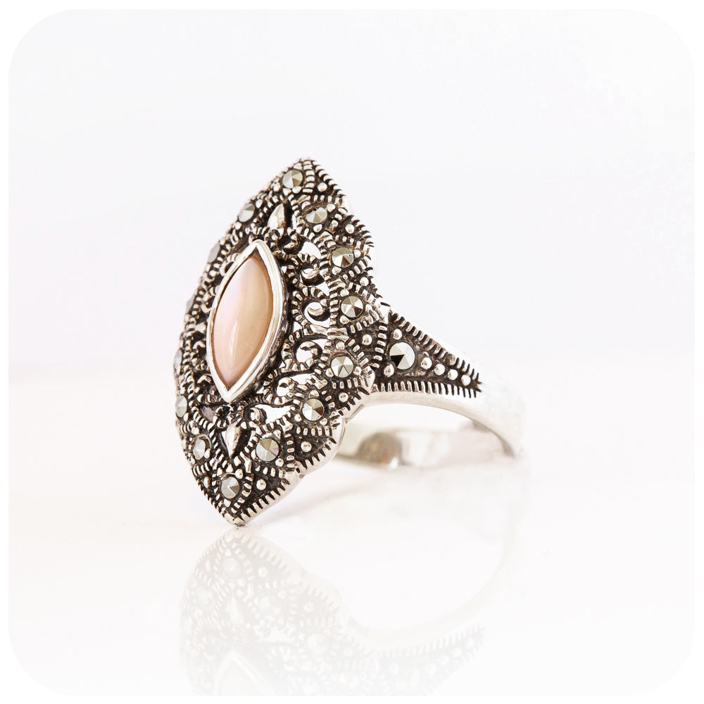 Pink Mother of Pearl and Marcasite Vintage Ring - Victoria's jewellery