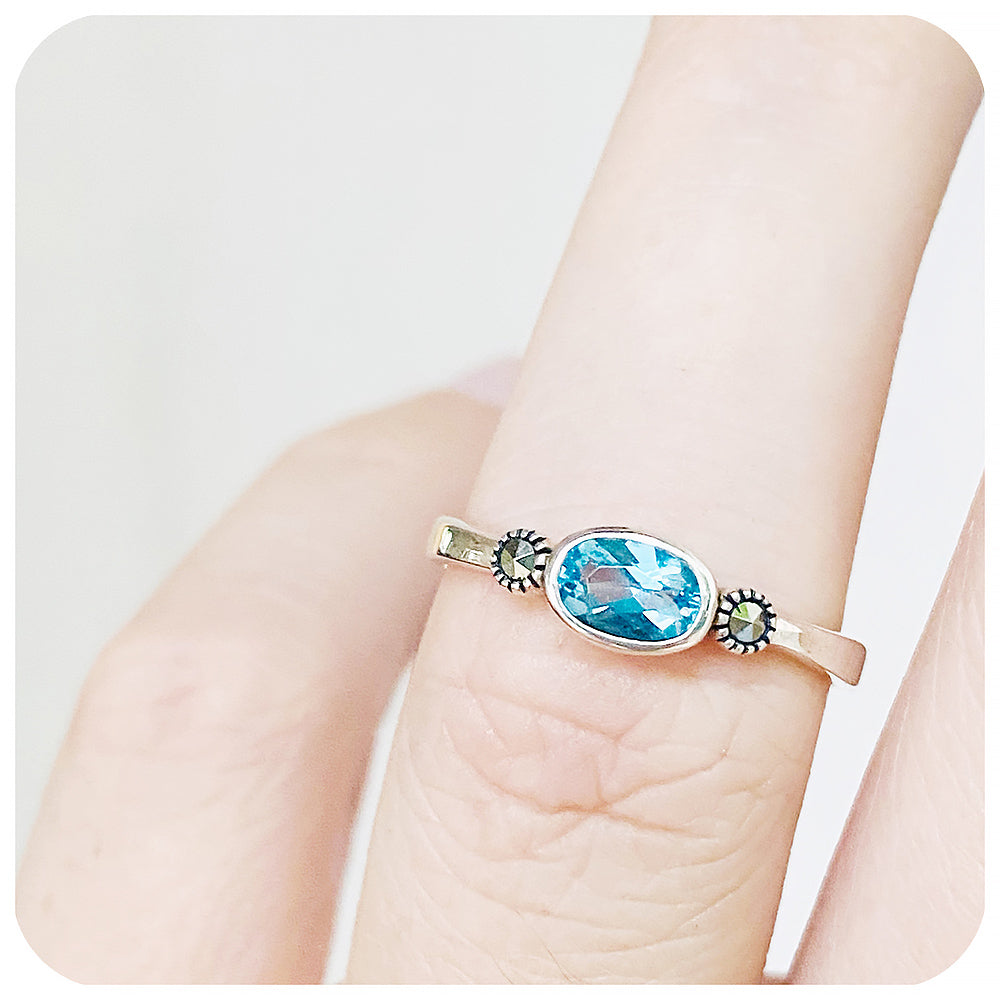 Oval cut Swiss Blue Topaz and Marcasite Stack Ring in Sterling Silver