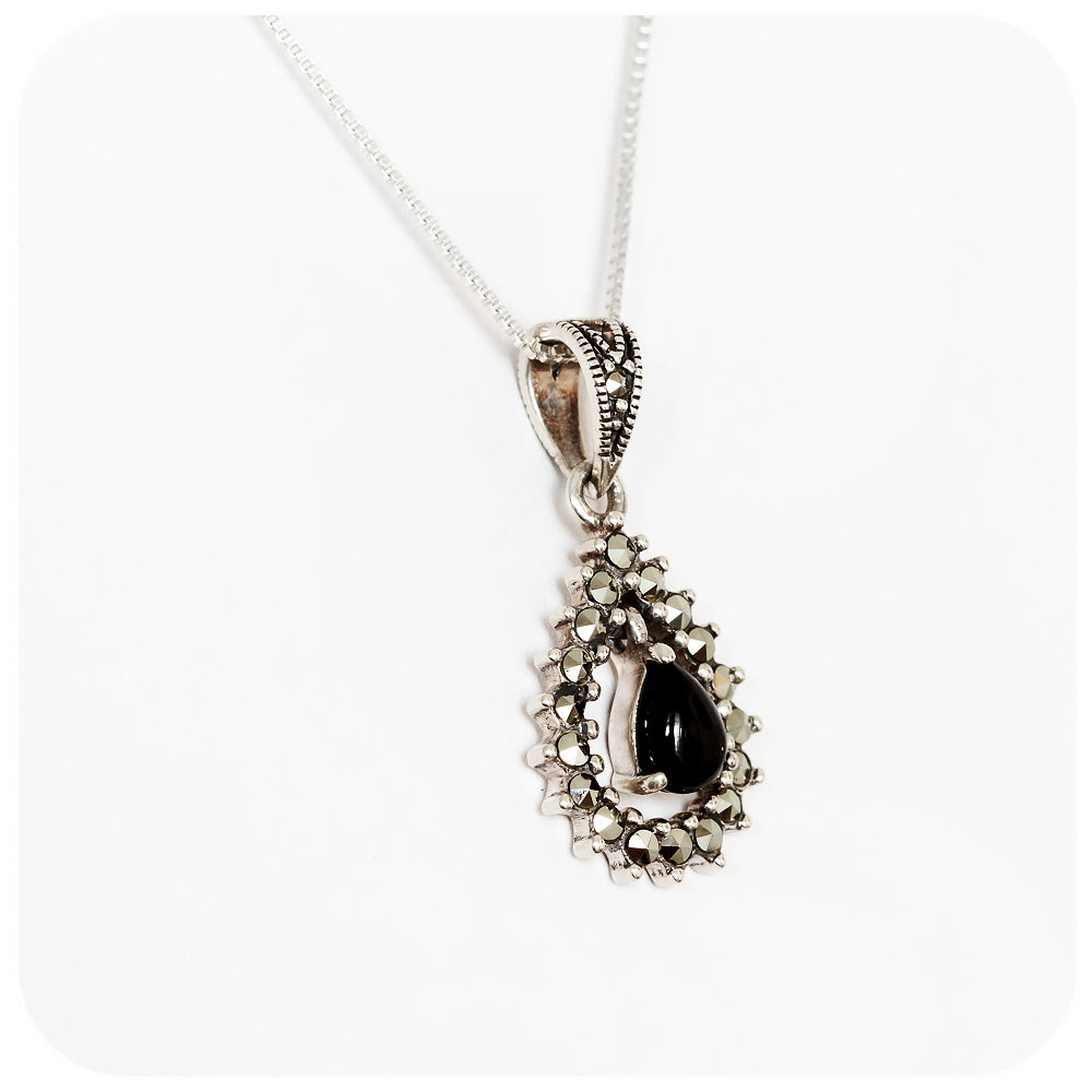 Pear cut Onyx and Marcasite Pendant and Chain in Sterling Silver - Victoria's Jewellery