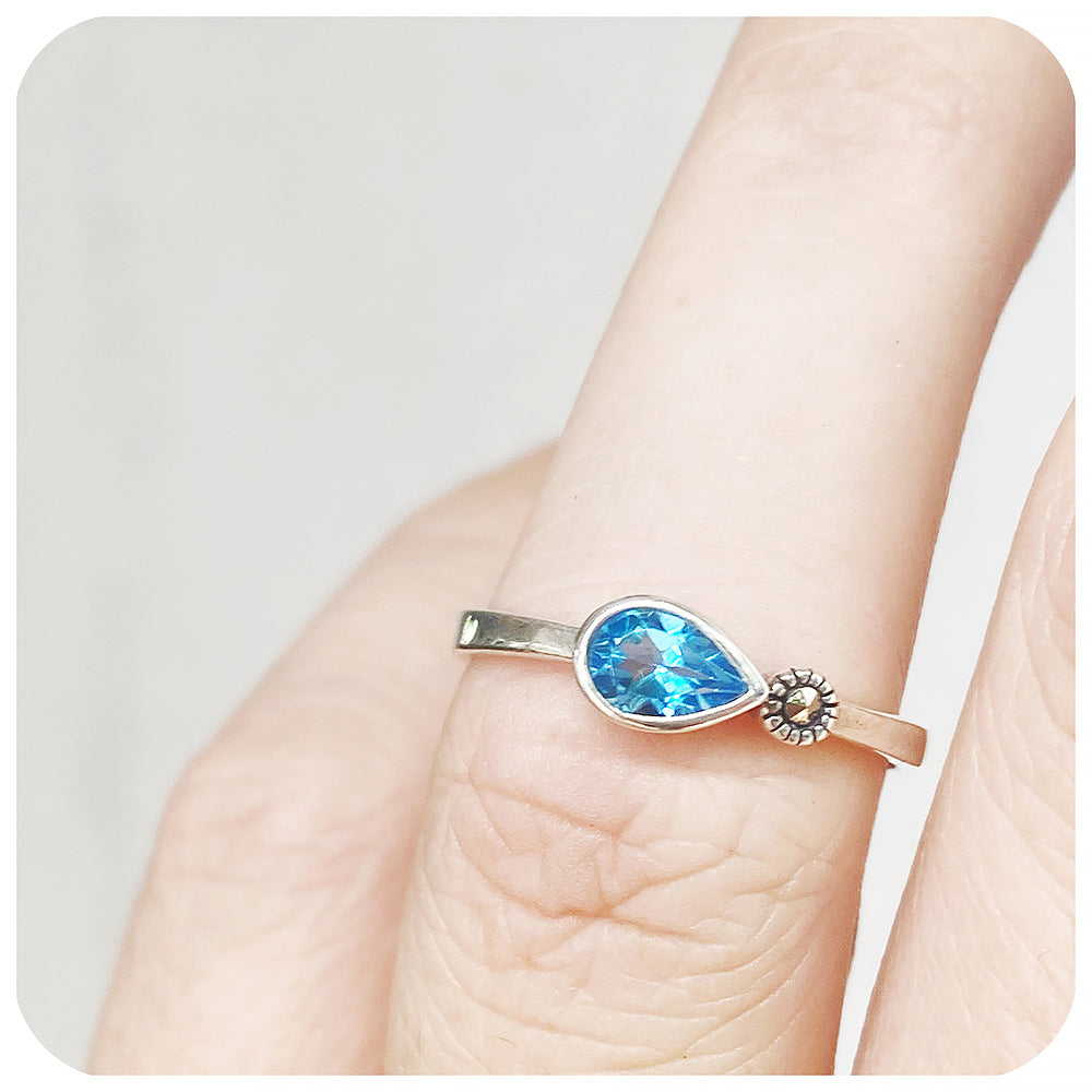 Pear cut Swiss Blue Topaz and Marcasite Stack Ring in Sterling Silver