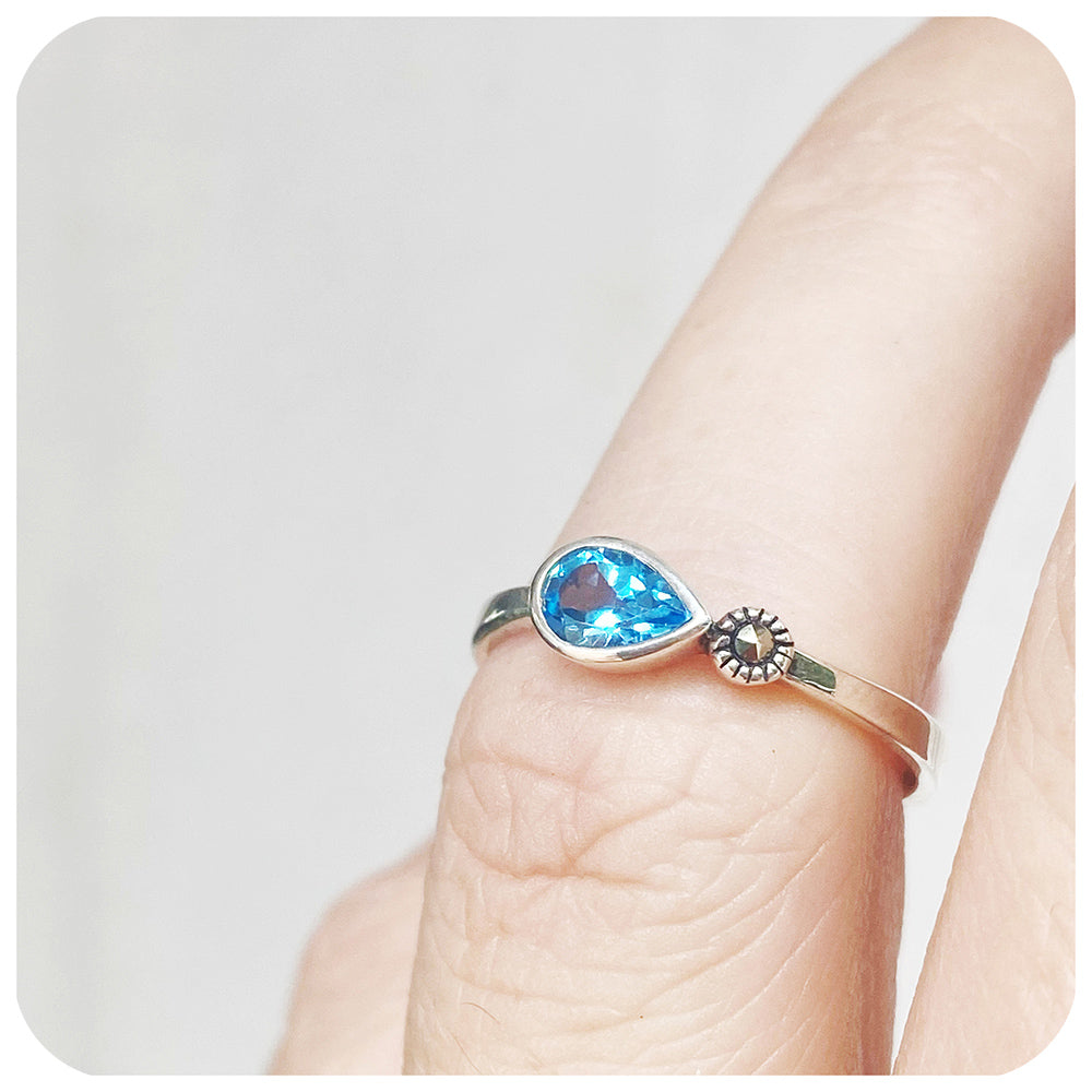 Pear cut Swiss Blue Topaz and Marcasite Stack Ring in Sterling Silver