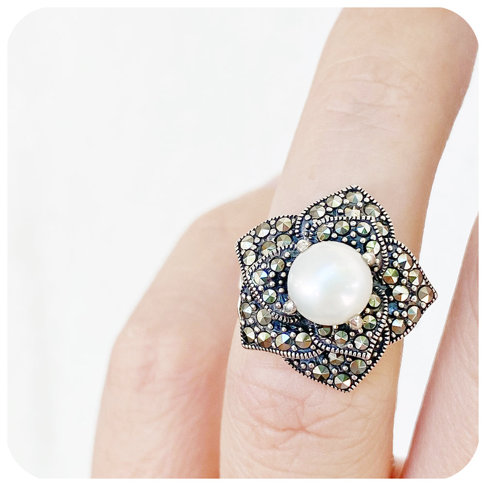 Pearl and Marcasite Flower Ring