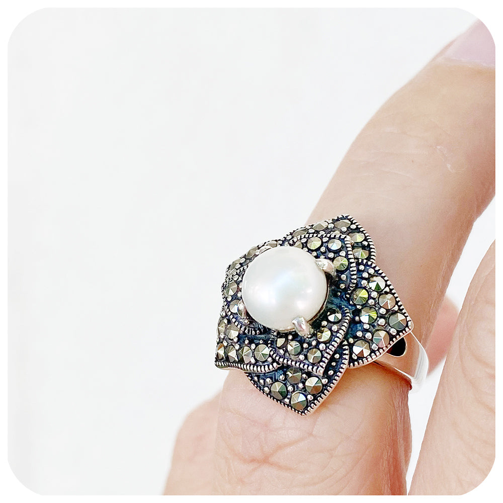 Pearl and Marcasite Flower Ring