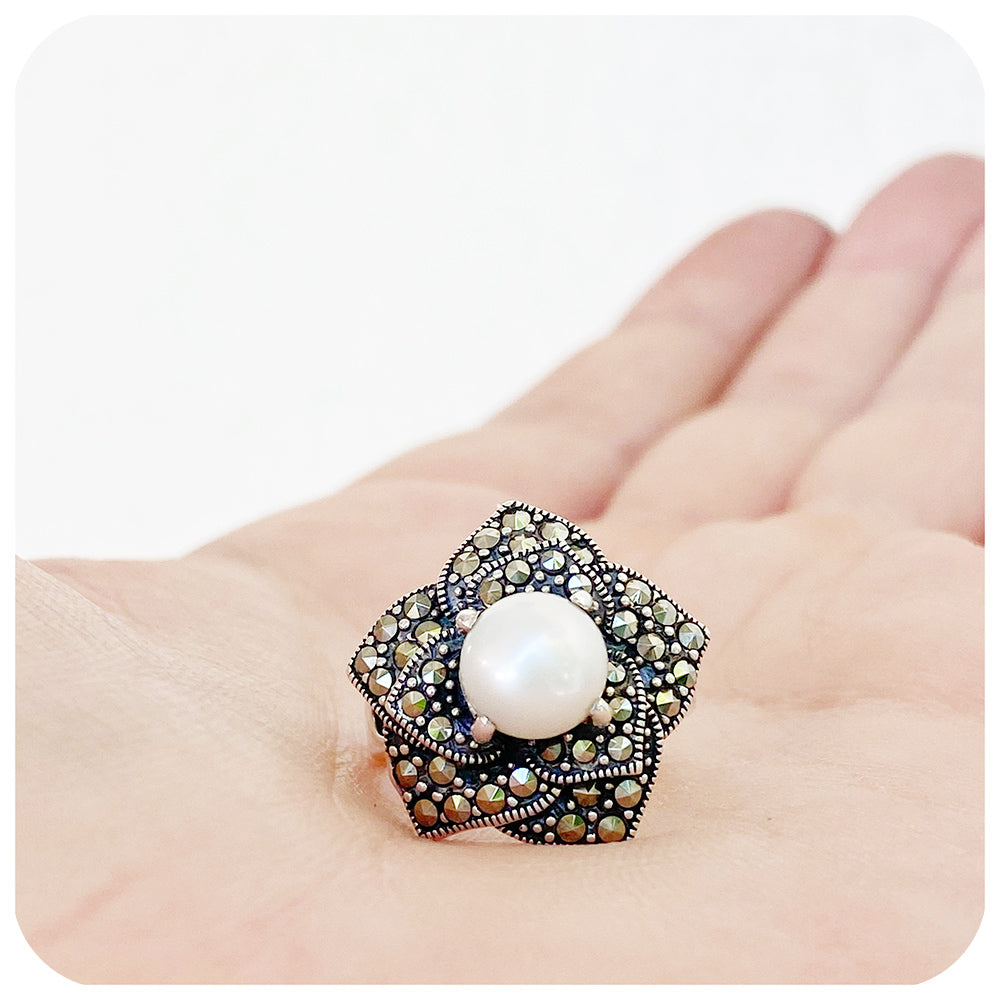Pearl and Marcasite Flower Ring