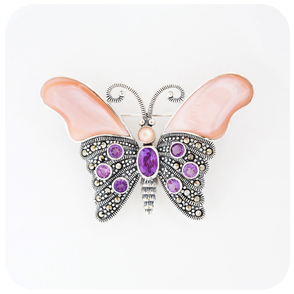 The Butterfly, a Mother of Pearl and Amethyst Pendant and Brooch